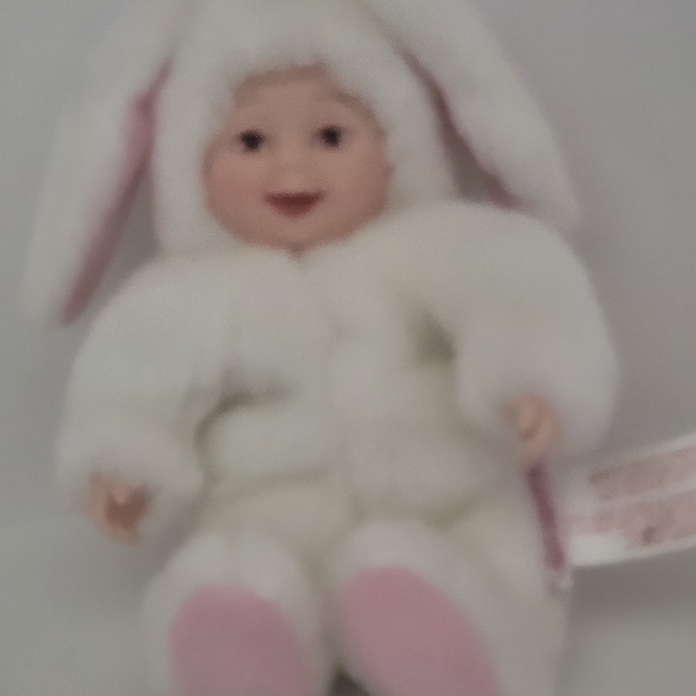 Anne Geddes Baby Bunny White Pink Blue Eyes Vintage Plush 8" Toy Lovey 1997